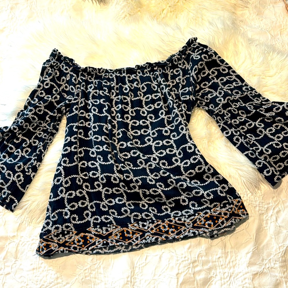 CROWN & IVY Off Shoulder Navy White Nautical Top Embroidered Bottom Sz XL